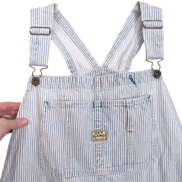 Hey Gang The Miner Denim Overall Shorts in Washed Railroad Stripe, Size XL - Picture 2 of 8